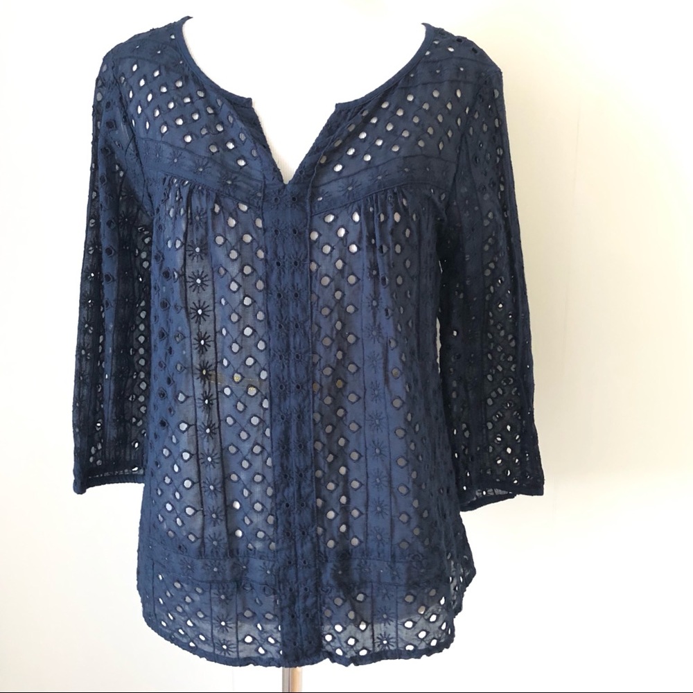 LUCKY BRAND Navy Blue Eyelet Popover Top Blouse Small